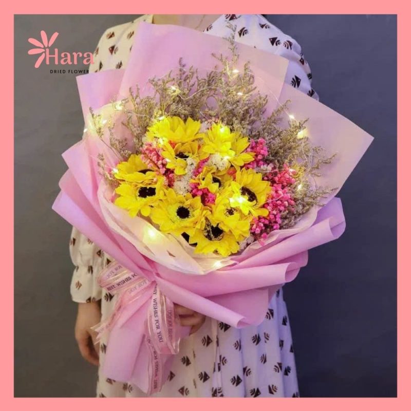 Bó hoa hướng dương sáp mix hoa khô Hara66