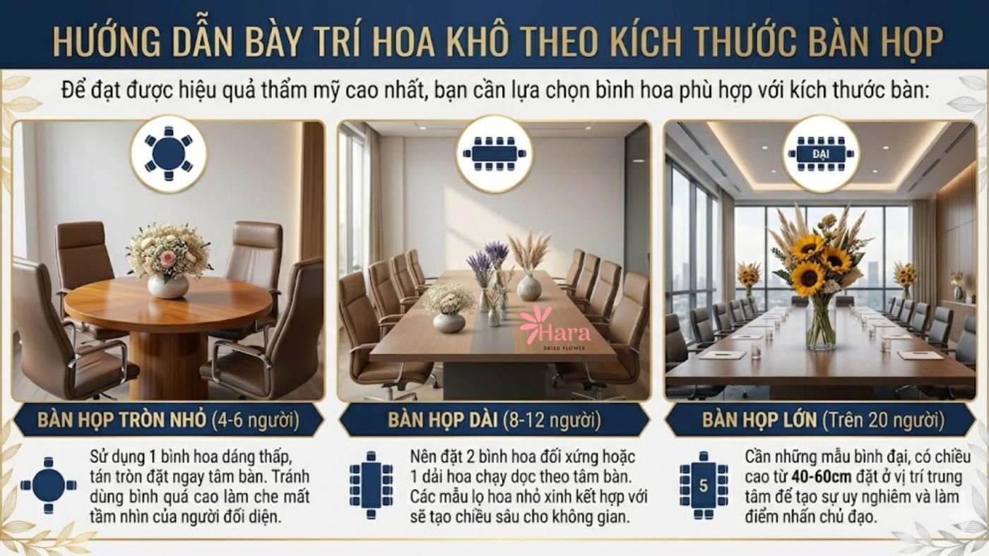 Cách bày trí hoa khô theo kích thước bàn họp